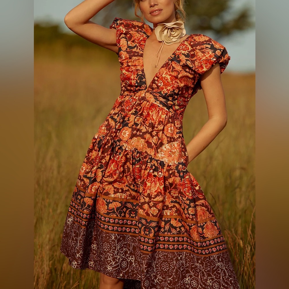 NWT Anthropologie Midi Babydoll Dress – V-Neck Red Motif Size 14